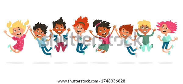 Cartoon Bouncing Jumping Children Different Skin Stock Vector (Royalty ...