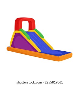 Cartoon bouncy castle for kids vector illustration. Drawing of inflated trampoline with slide, playground or park equipment. Childhood, entertainment concept
