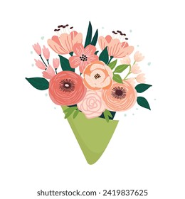 Cartoon bouquet of  flowers isolated on white background.Floral composition for use in postcard,invitations,banner,cover,poster,stickers.Spring or summer abstract template.Vector flat illustration.