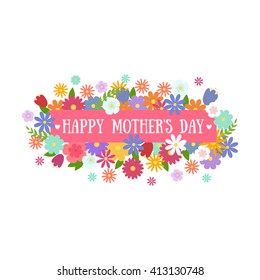 cartoon bouquet of flowers, I love mom greeting card. happy mothers day vector illustration background, holiday celebration decoration design, banner with blossom