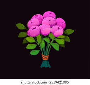 Cartoon bouquet of pink roses or peony flowers arranged with green leaves, symbol of love, romance and affection for Valentines Day. Bloom arrangement for romantic occasions and festive celebrations