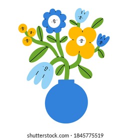 Cartoon bouquet in a round shape vase, cute flower characters, vector illustration isolated on white background