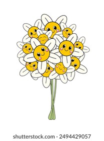 Cartoon bouquet of smiling and happy flowers. Joyful daisies. Doodle flowers. Flowers on a white background.