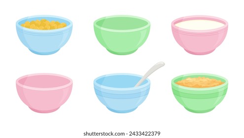 Cartoon bowl, cereal breakfast, porridge oatmeal, plate with milk , empty cup with spoon. Ceramic dish vector icon isolated on white background. Colorful cooking illustration