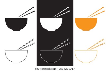 Cartoon bowl and eating chopsticks or Chinese chopsticks. In Chinese, Food, sushi, noodles. Thai, Japanese or Asian cuisine. Restaurant tools. Vector illustration . EPS 10