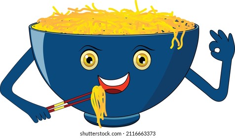 Cartoon bowl eating noodles vector illustration