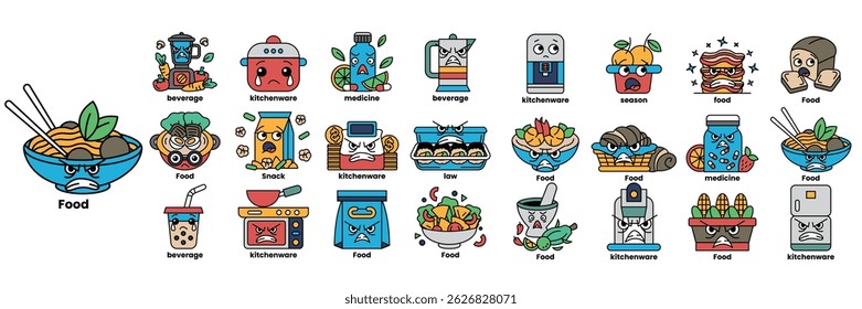 A cartoon of a bowl of food with a cartoon face and the word food written below it