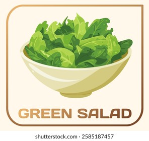 Cartoon bowl of fresh green salad vector illustration, natural ingredient for a healthy dinner. Crisp spinach and other leafy greens piled high, organic and wholesome qualities food icon