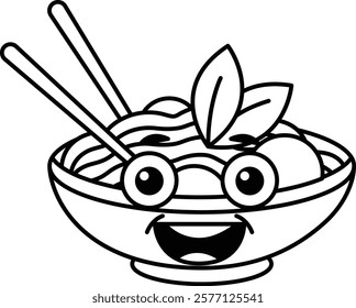 A cartoon bowl of noodles with chopsticks in it