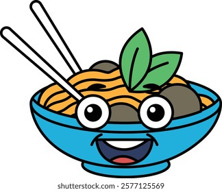 A cartoon bowl of noodles with chopsticks in it