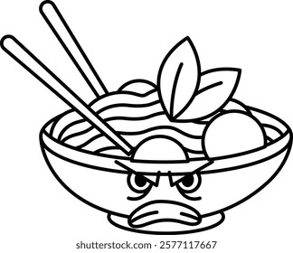 A cartoon bowl of noodles with chopsticks and a leaf on top