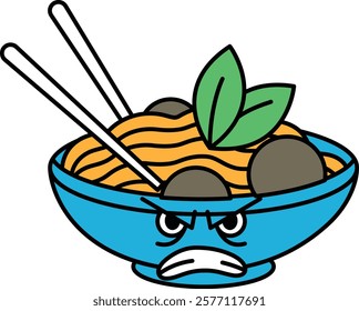 A cartoon bowl of noodles with chopsticks and a leaf on top