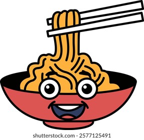 A cartoon bowl of noodles with a smiling face and chopsticks in its mouth