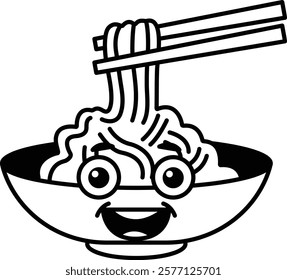 A cartoon bowl of noodles with a smiling face and chopsticks in its mouth