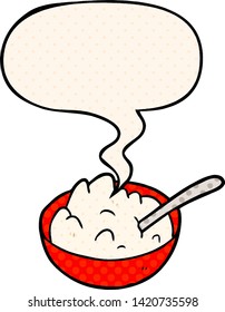 cartoon bowl of porridge with speech bubble in comic book style