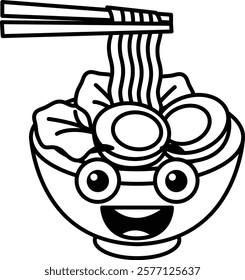 A cartoon bowl of ramen noodles with a smiling face and chopsticks