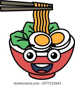 A cartoon bowl of ramen noodles with a smiling face and chopsticks