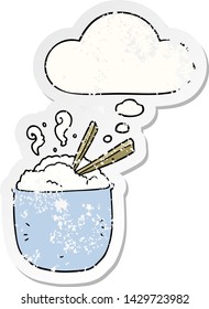 cartoon bowl of rice with thought bubble as a distressed worn sticker