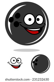 Cartoon bowling ball character with a happy smile hovering over a shadow with a second plain variation and smile element, isolated on white