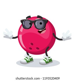 cartoon bowling ball character mascot in black sunglasses on a white background