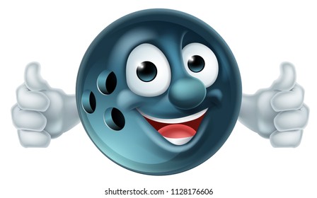 Cartoon bowling ball man mascot character doing a double thumbs up