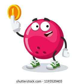 cartoon bowling ball mascot keeps the coin on white background