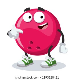 cartoon bowling ball mascot showing himself on a white background