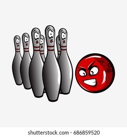 Cartoon bowling ball and pins. Bowling characters. Flat vector stock illustration.