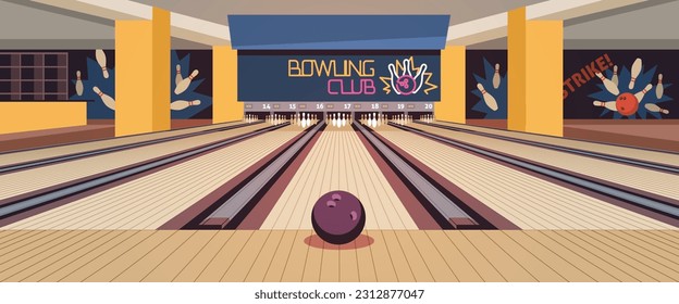 Cartoon bowling center interior. Wooden alleys with skittles, ball for group game competition, empty club, sports and leisure time entertainment, horizontal banner, tidy vector concept