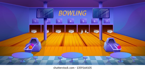 cartoon bowling club interior with furniture, vector illustration