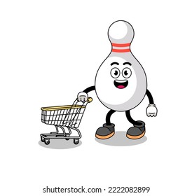 Cartoon of bowling pin holding a shopping trolley , character design