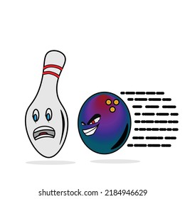 cartoon bowling pin scared when chased by a bowling ball