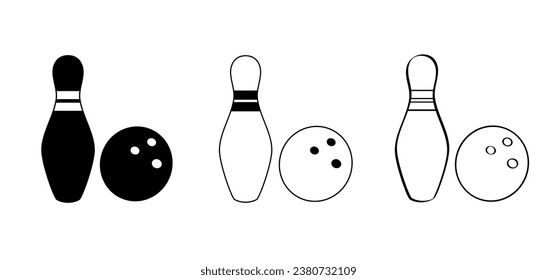 Cartoon Bowlingstift mit Streifen und Bowlingball. Bowling-Streik-Idee. Sport oder Hobby-Spiel. Spielen in einem Team, Wettbewerb oder Turnier. Kriechstifte und Schildkröten. Spielen Sie ein Kegling-Team.