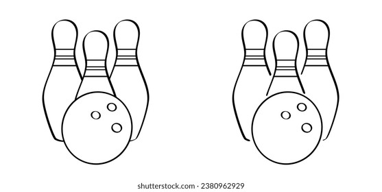 Cartoon Bowlingstift mit Streifen und Bowlingball. Bowling-Streik-Idee. Sport oder Hobby-Spiel. Spielen in einem Team, Wettbewerb oder Turnier. Kriechstifte und Schildkröten. Spielen Sie ein Kegling-Team.