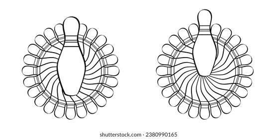 Cartoon Bowlingstift mit Streifen und Bowlingball. Bowling-Streik-Idee. Sport oder Hobby-Spiel. Spielen in einem Team, Wettbewerb oder Turnier. Kriechstifte und Schildkröten. Spielen Sie ein Kegling-Team.