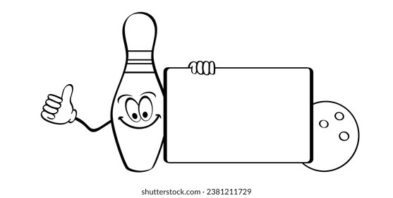 Cartoon Bowlingstift mit Streifen und Bowlingball. Bowling-Streik-Idee. Sport oder Hobby-Spiel. Spielen in einem Team, Wettbewerb oder Turnier. Kriechstifte und Schildkröten. Spielen Sie ein Kegling-Team.