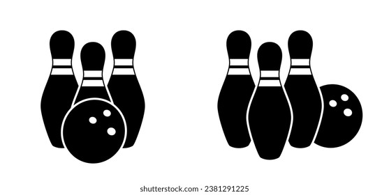 Cartoon Bowlingstift mit Streifen und Bowlingball. Bowling-Streik-Idee. Sport oder Hobby-Spiel. Spielen in einem Team, Wettbewerb oder Turnier. Kriechstifte und Schildkröten. Spielen Sie ein Kegling-Team.