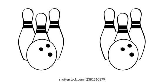 Cartoon Bowlingstift mit Streifen und Bowlingball. Bowling-Streik-Idee. Sport oder Hobby-Spiel. Spielen in einem Team, Wettbewerb oder Turnier. Kriechstifte und Schildkröten. Spielen Sie ein Kegling-Team.