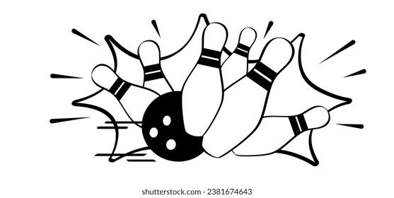 Cartoon bowling pin with stripes and bowling ball. Bowling strike idea. Sport or hobby game. Playing in a team, competition or tournament. Bowling pins and skittles. Play kegling team.