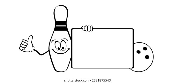 Cartoon Bowlingstift mit Streifen und Bowlingball. Bowling-Streik-Idee. Sport oder Hobby-Spiel. Spielen in einem Team, Wettbewerb oder Turnier. Kriechstifte und Schildkröten. Spielen Sie ein Kegling-Team.