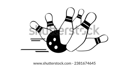 Cartoon bowling pin with stripes and bowling ball. Bowling strike idea. Sport or hobby game. Playing in a team, competition or tournament. Bowling pins and skittles. Play kegling team.