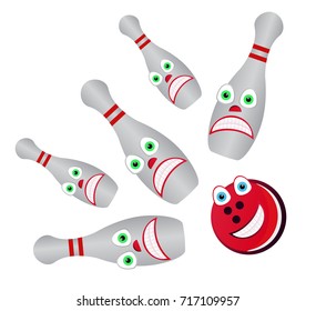 Cartoon Bowling - scared skittles and happy bowling ball
