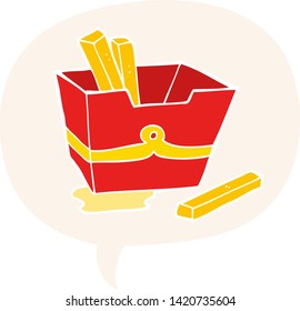 cartoon box of fries with speech bubble in retro style