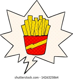 cartoon box of fries with speech bubble in comic book style