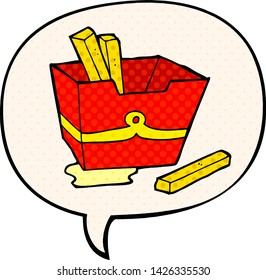 cartoon box of fries with speech bubble in comic book style