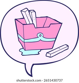 cartoon box of fries with speech bubble in bright neon color