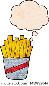 caja de dibujos animados de papas fritas con burbuja de pensamiento en forma de textura gruesa