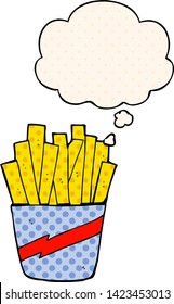 cartoon box of fries with thought bubble in comic book style
