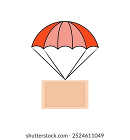 cartoon box hanging on parachute. simple trend modern graphic e-shopping logo design element isolated on white background. concept of fast shipping by air freight or happy holiday gift delivery