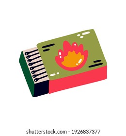 A cartoon box of matches. Illustration of matches. Cute campfire. Flat vector illustration isolated on a white background